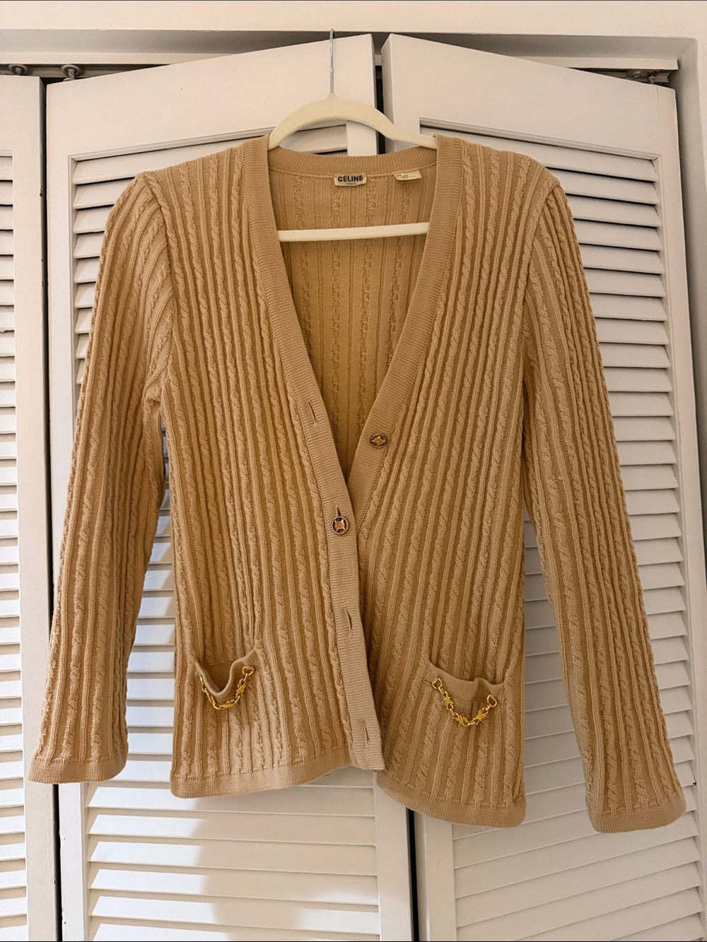 Celine Tan Wool Cable-Knit Cardigan with Gold Chain Pockets - Large